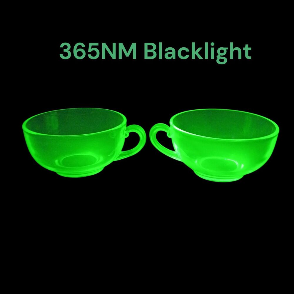 Pair Of 2 Fostoria Green Uranium Glass Teacup Water/Coffee Cups Vintage 1930s - Picture 2 of 9